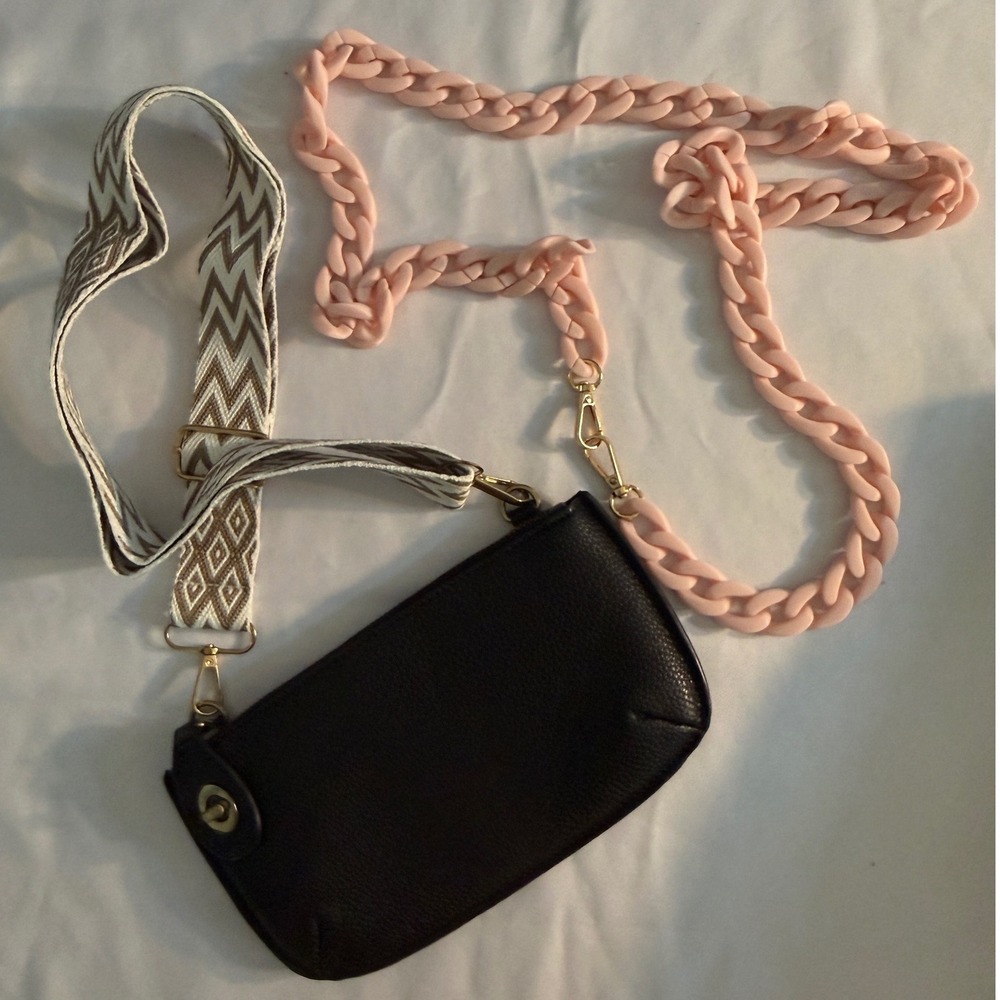 JOY Susan Black Pebbled Vegan Leather Crossbody Bag with Interchangeable Straps